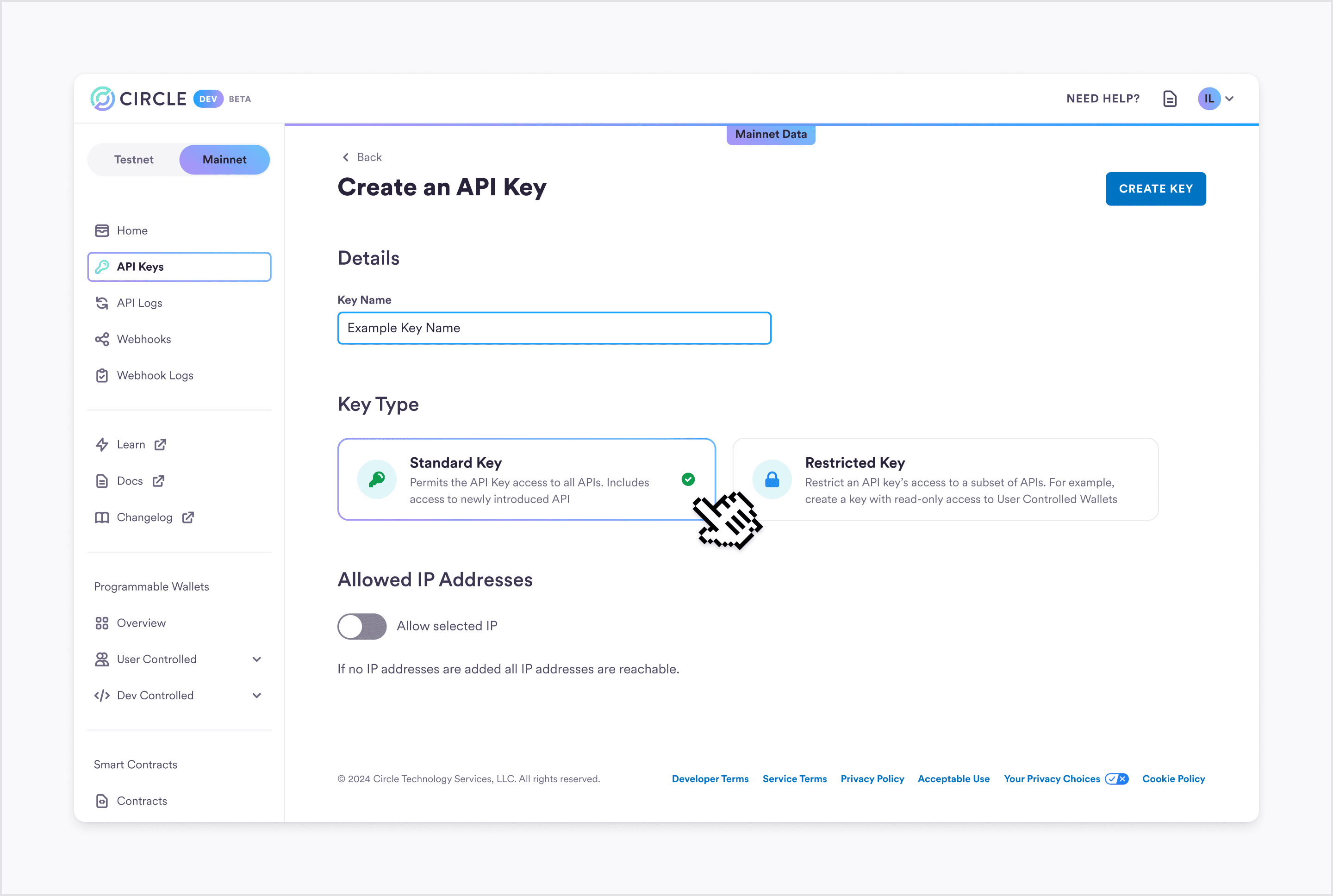 Create new API key form